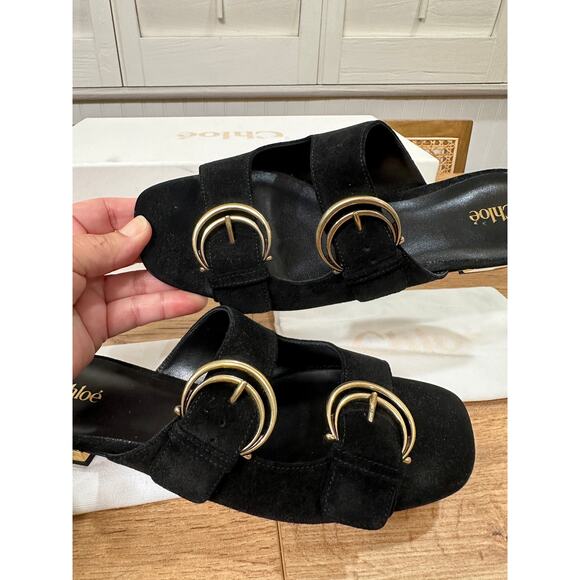 Chloé Alizè Flat Sandals Slides Black Suede Size 8 US 38 EU NIB Gold Buckles - Picture 13 of 16